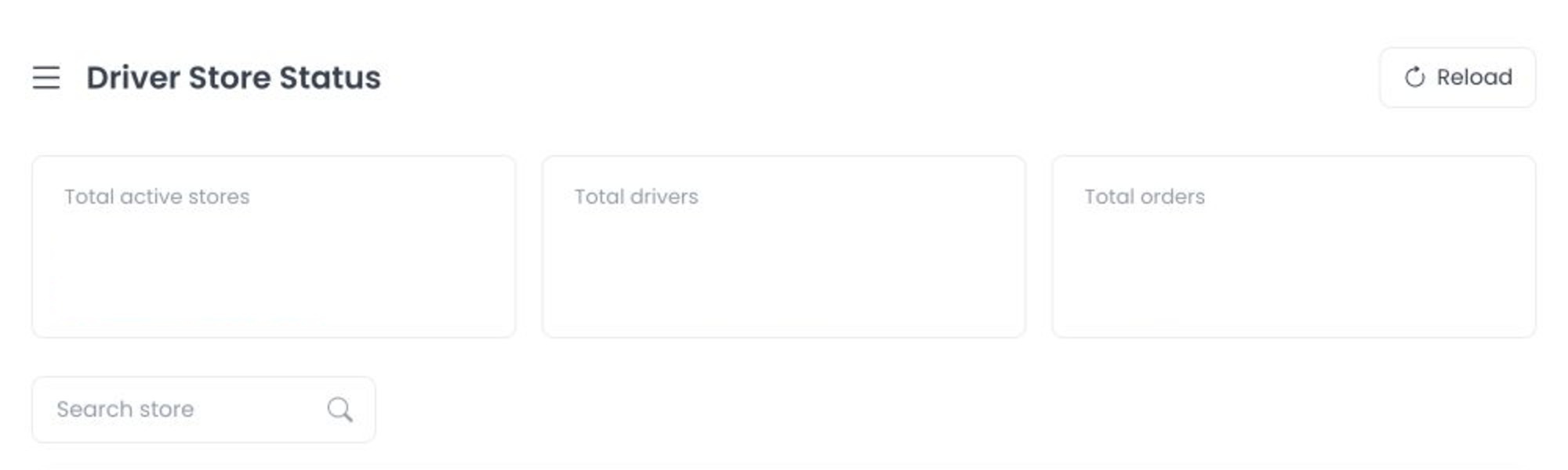 Driver Store Status heading, redacted KPI cards, Reload, and store search without store rows