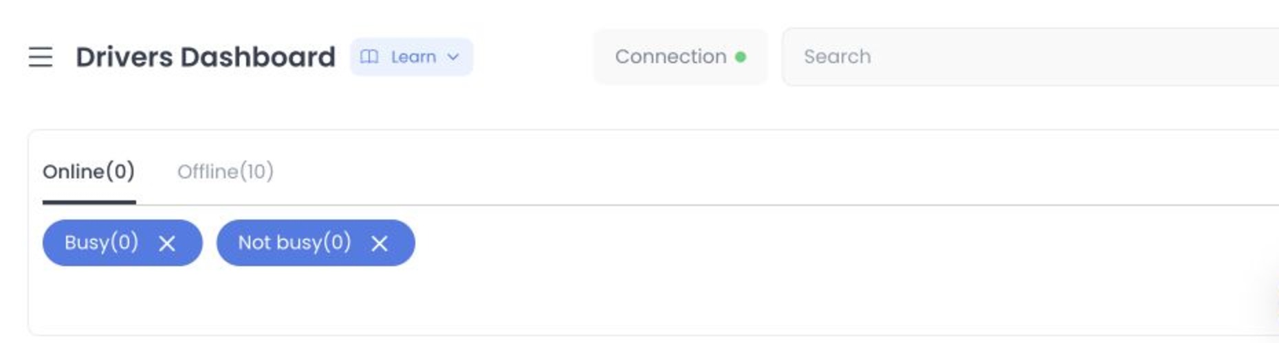 Drivers dashboard header, Online and Offline tabs, and busy filters