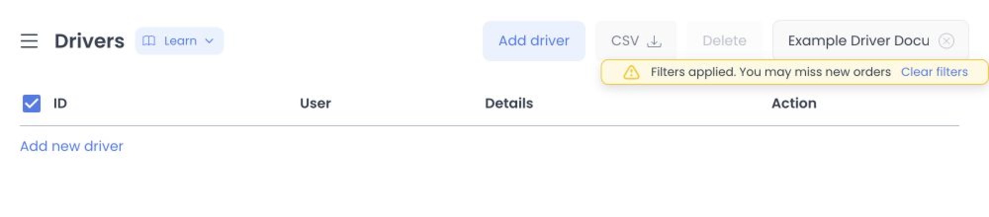 Drivers list with Search applied and no matching Driver accounts