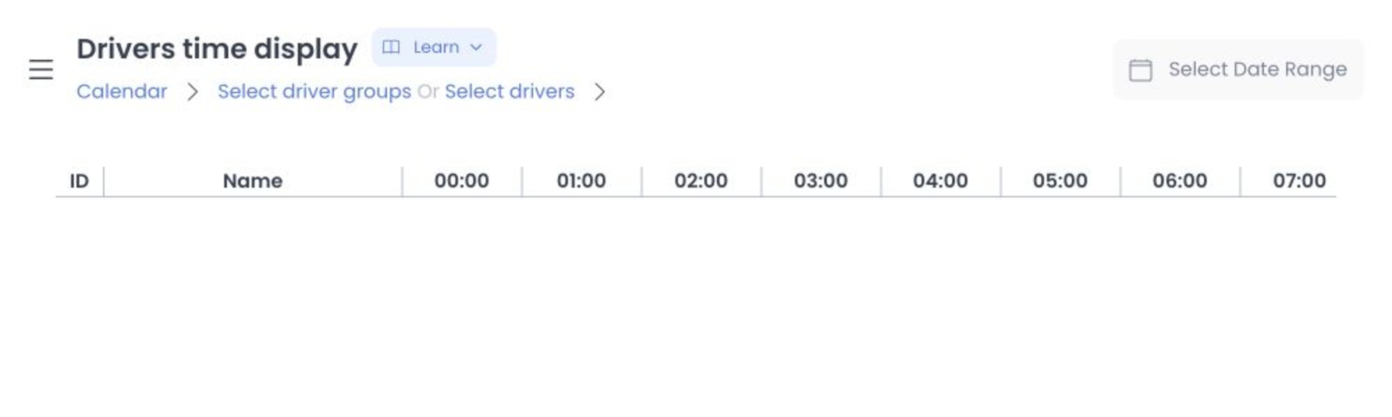 Drivers time display filters and empty timeline table with no selected Driver, group, or availability block
