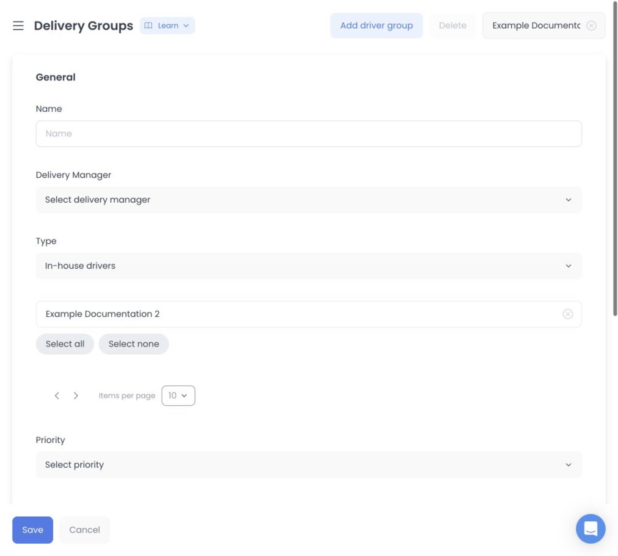 Blank New Delivery group form with General fields and empty filtered member results