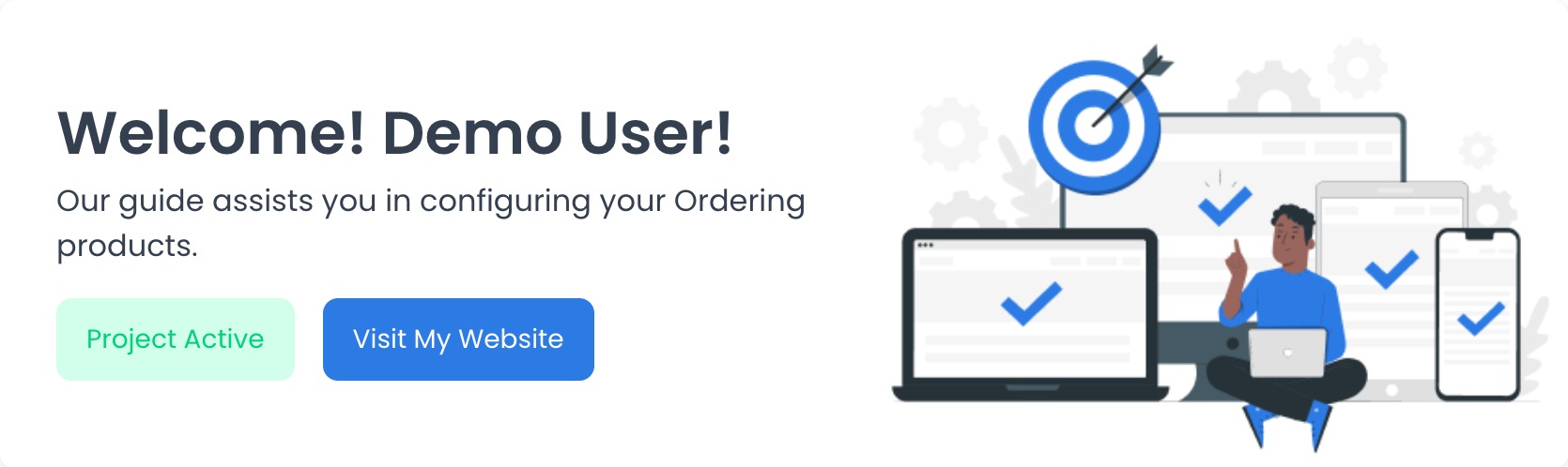 Home page welcome card for a synthetic demo user with an active project status and Visit My Website button