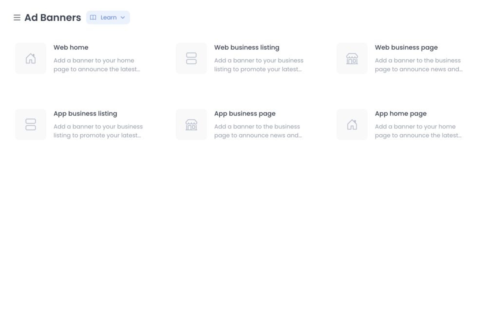 Ad banners page showing placement cards for web and app banners