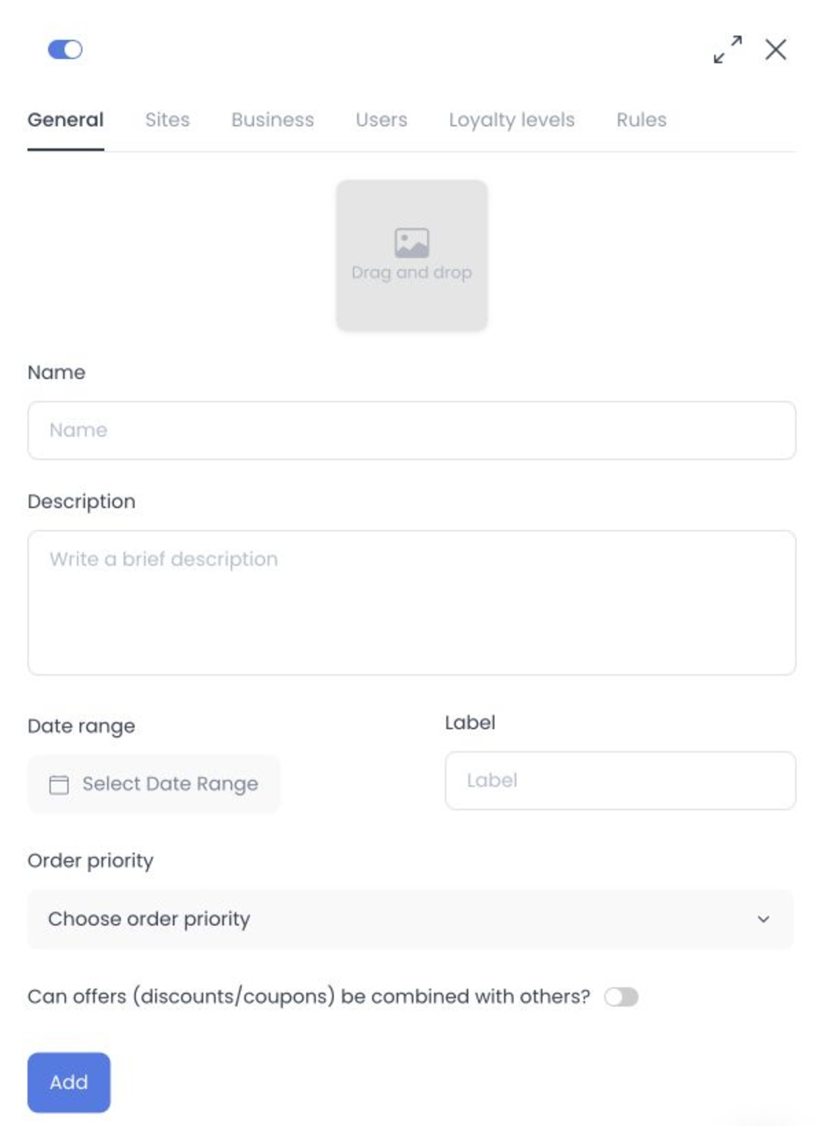Blank advanced-offer General tab with date, priority, and enabled controls