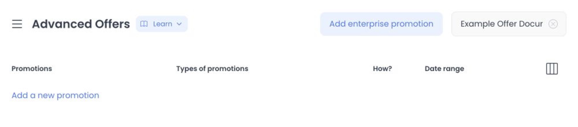Advanced offers list controls in an empty state
