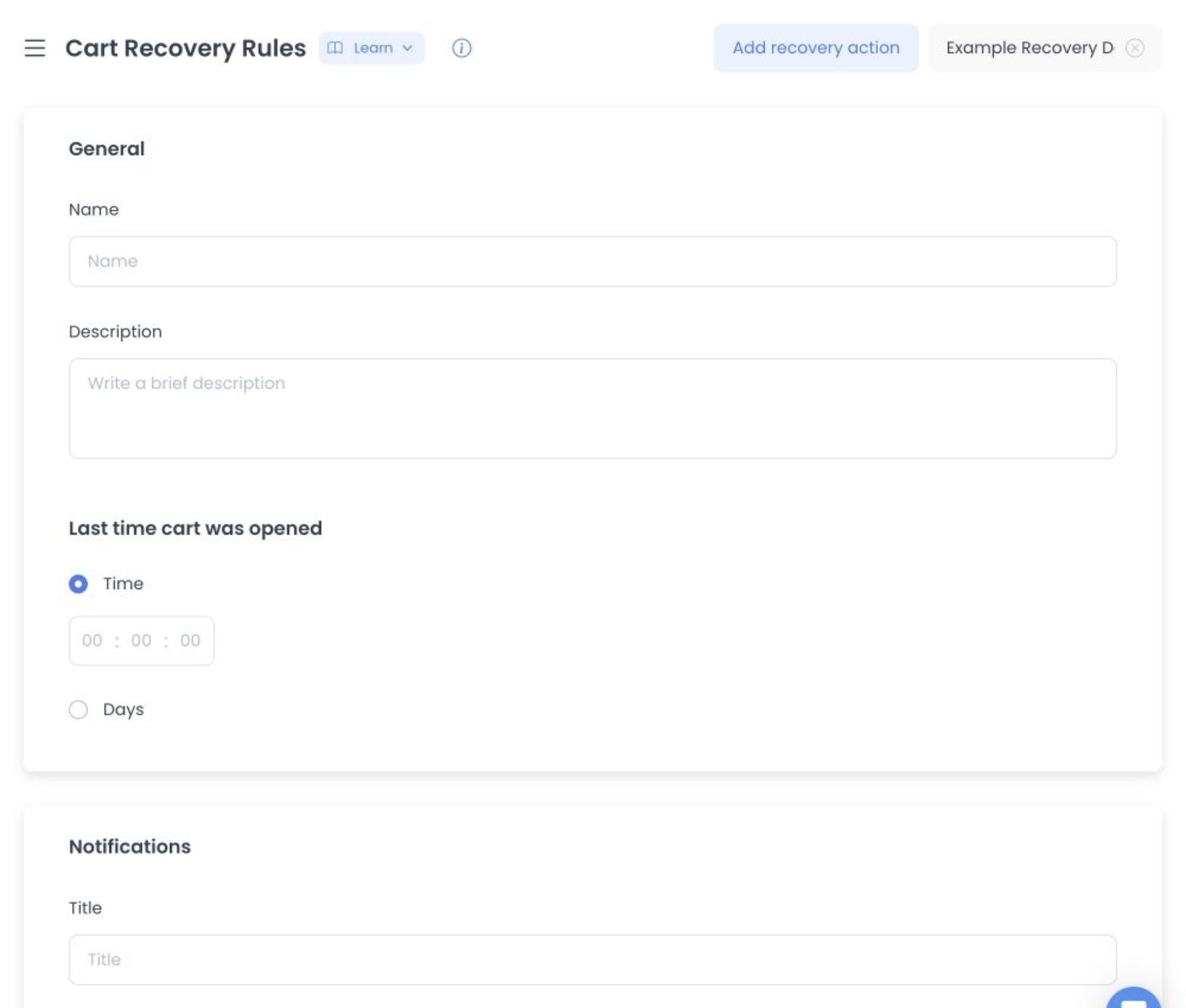 Cart recovery rule form showing general timing and notification channel controls