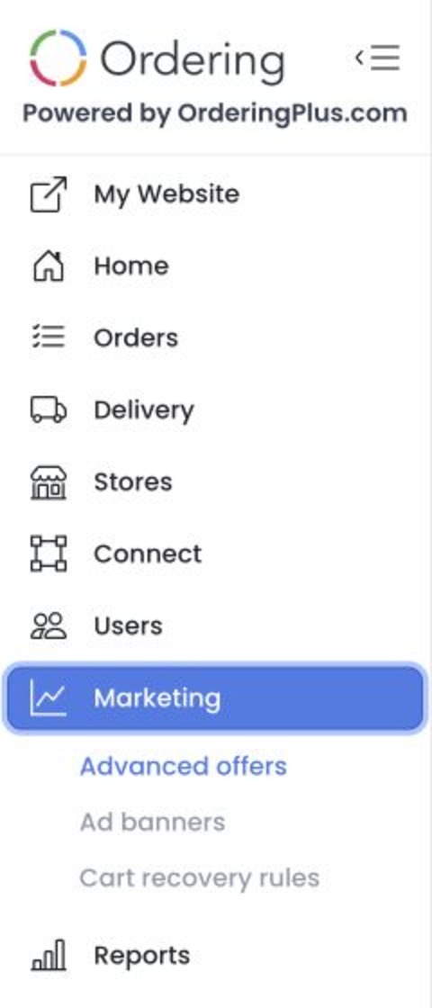 Marketing sidebar navigation showing Advanced offers, Ad banners, and Cart recovery rules