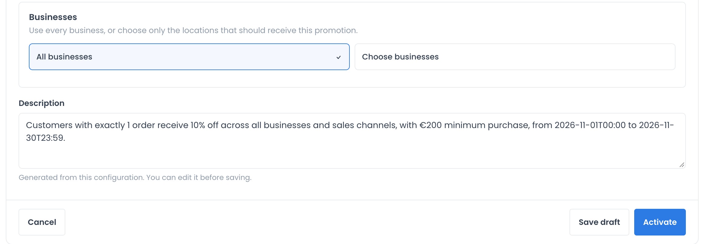 Business selection and Save draft and Activate actions in the example form