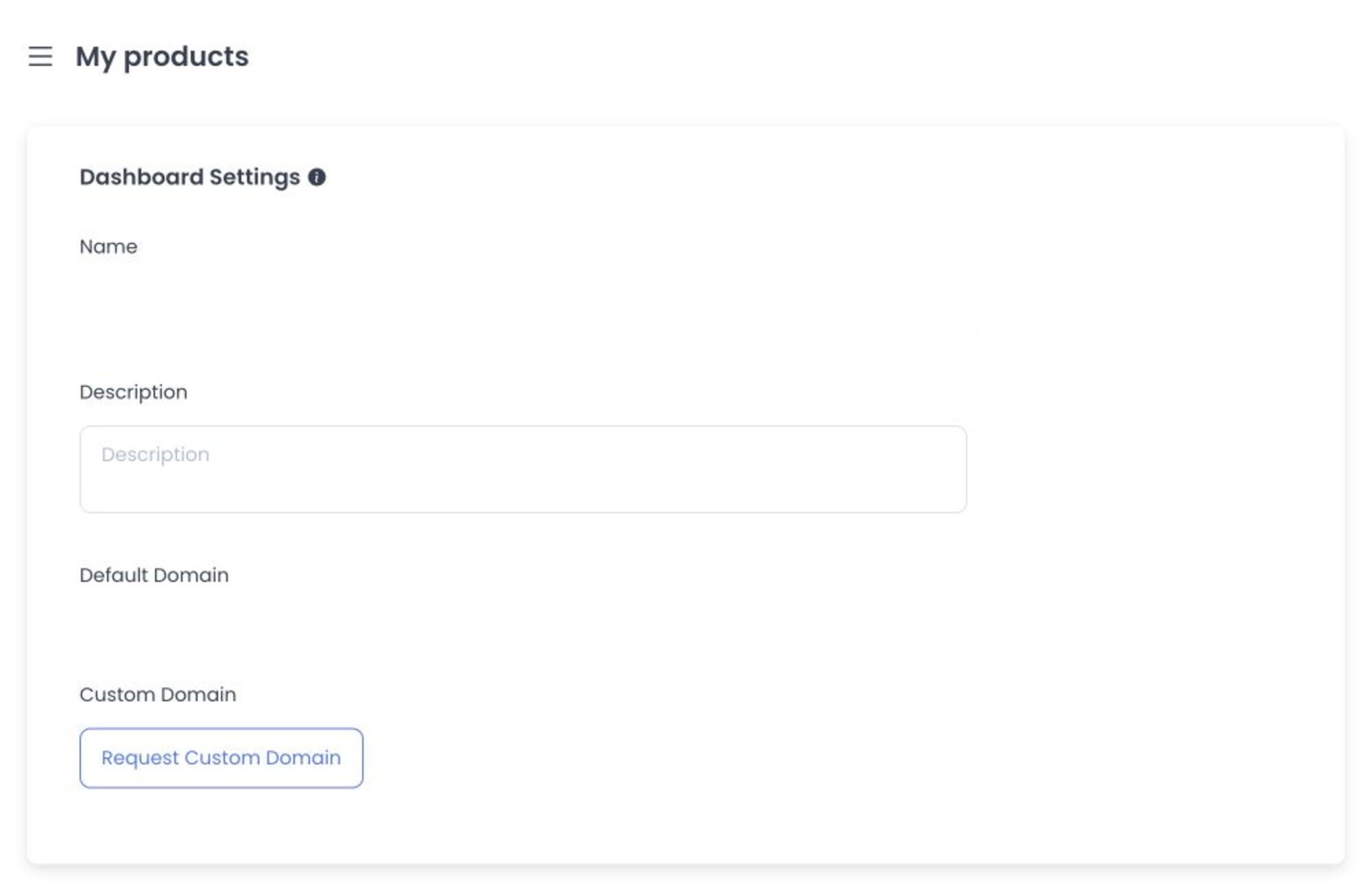 Dashboard Settings form with project name and default-domain values redacted