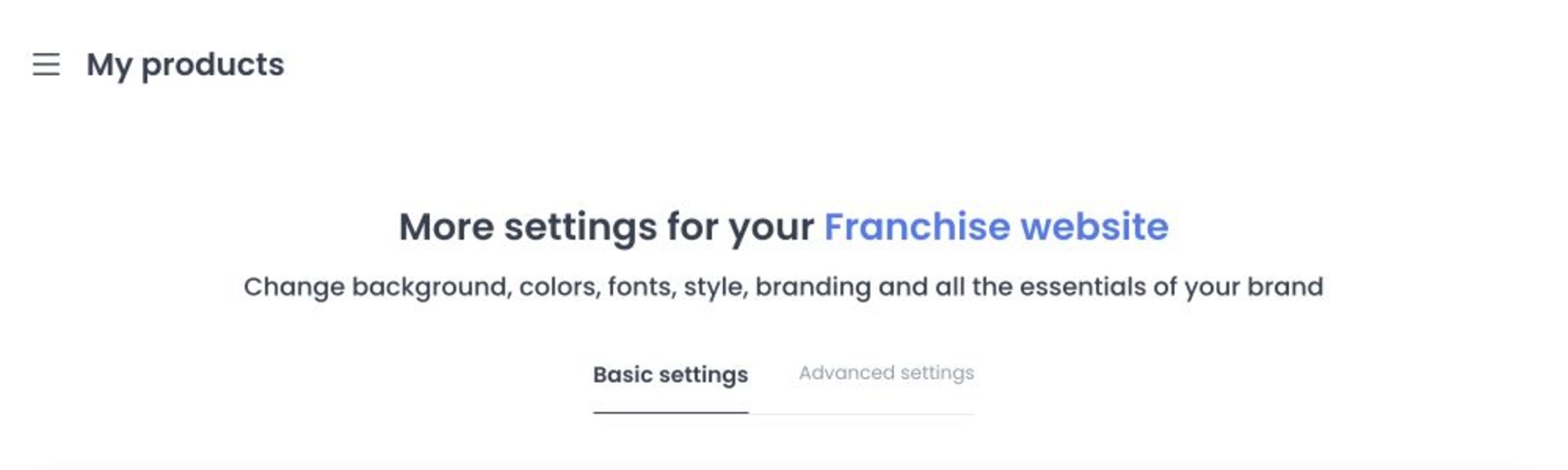 Franchises website overview with no selected site, domain, or franchise content