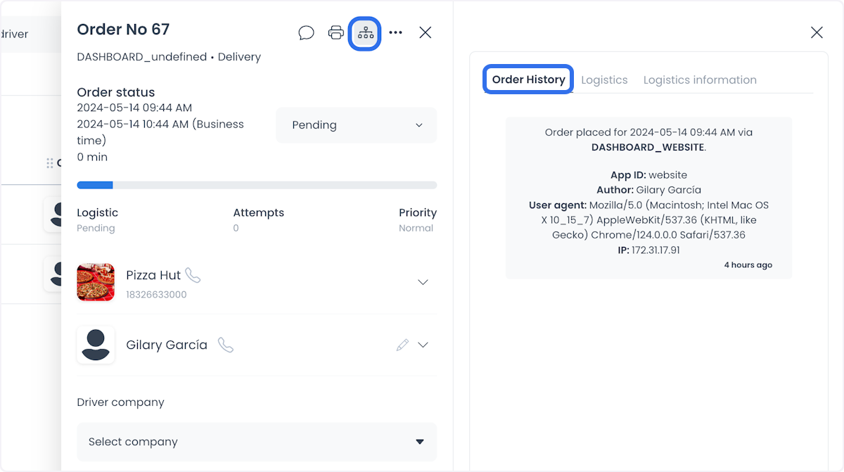 Pestaña Order History con un evento y el contexto registrado