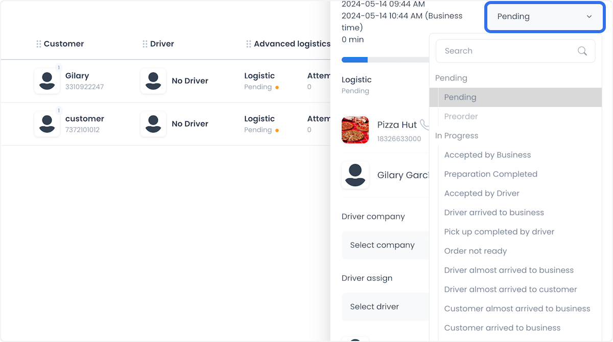 Menú desplegable Order status con las etapas de flujo disponibles