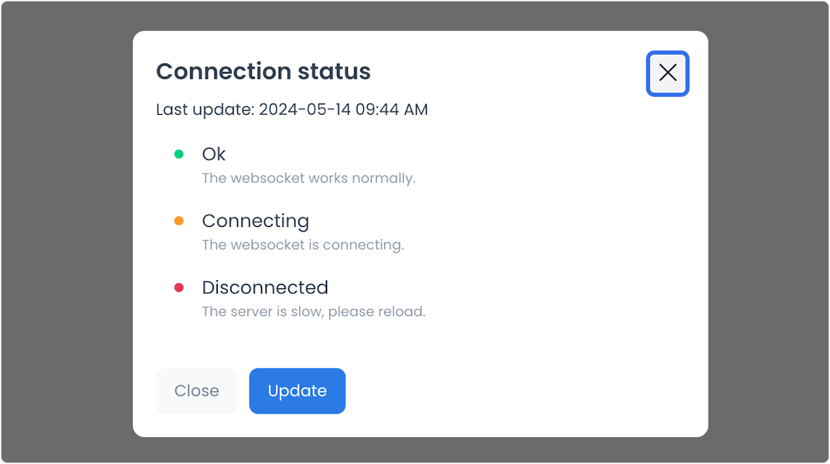 Estado de conexión con Last update y los controles Ok, Connecting, Disconnected y Update