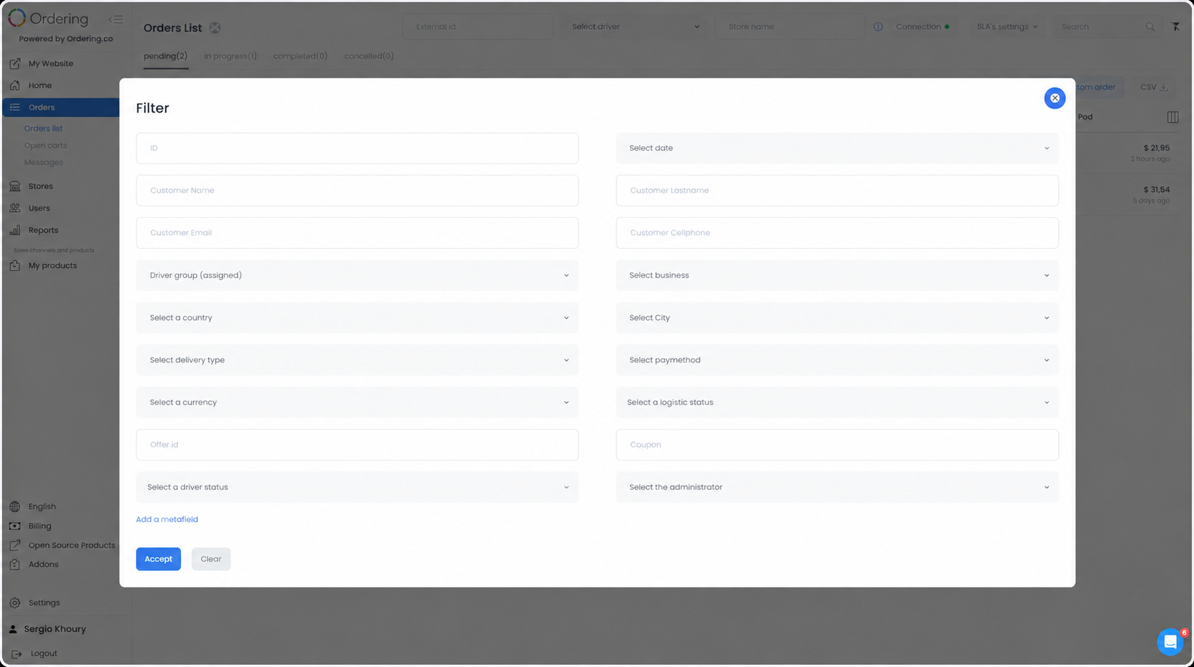 Controles de búsqueda y filtros para encontrar pedidos