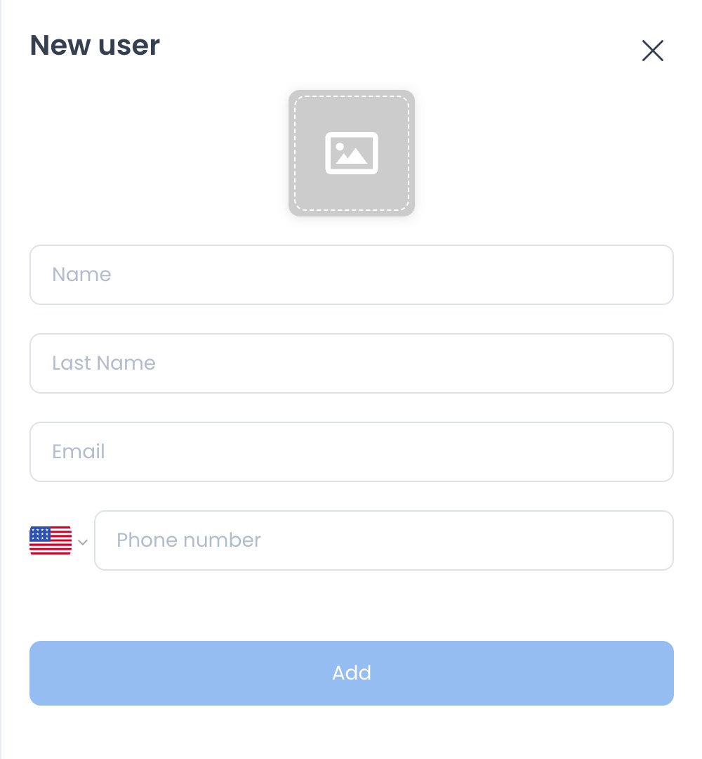 Empty New user panel opened from Create custom order