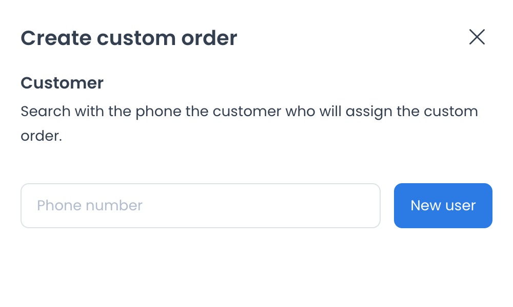 Initial Create custom order panel with customer search and New user action