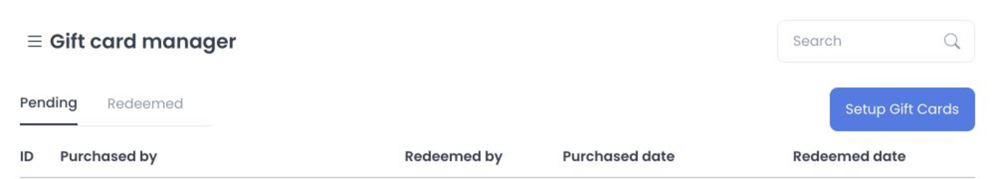 Gift card manager header with Pending and Redeemed tabs, Search, and Setup Gift Cards controls