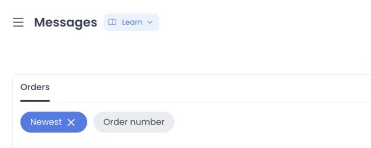 Messages page showing the Orders tab and Newest and Order number sort controls