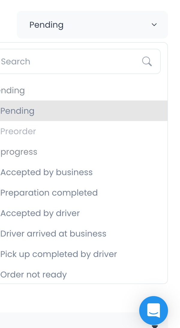 Order status selector opened in an order detail panel