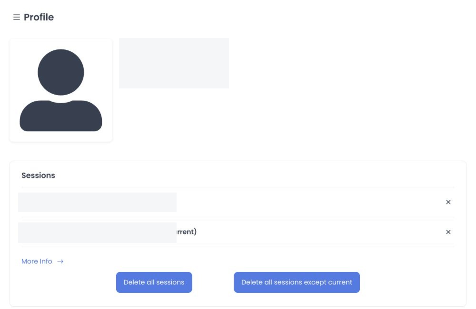 Redacted Dashboard Profile page with account and session information