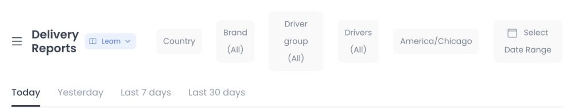 Delivery reports controls for Country, Brand, Driver group, Drivers, timezone, and date range with no report data