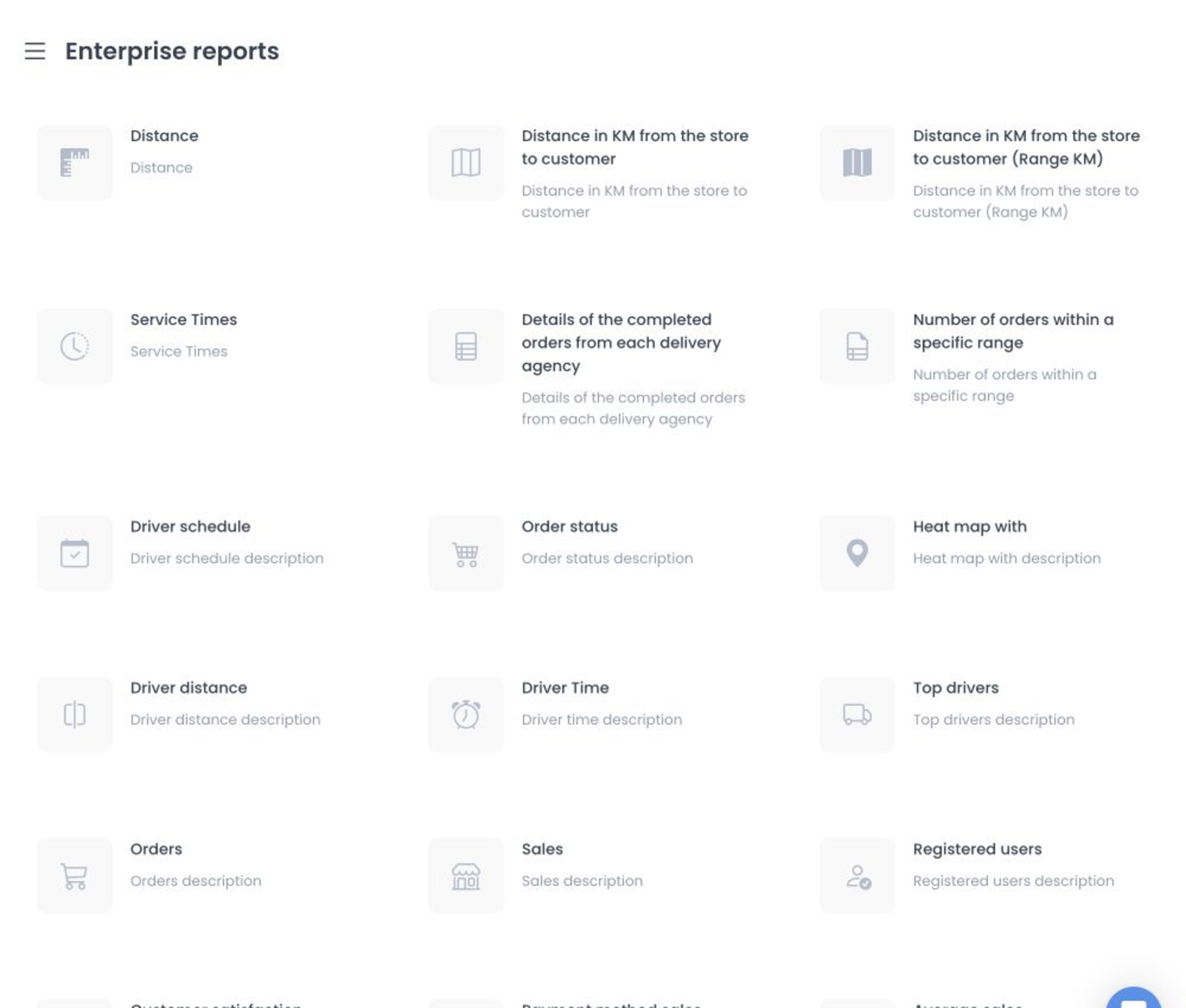 Enterprise reports catalogue in Ordering Dashboard with report cards and no selected report