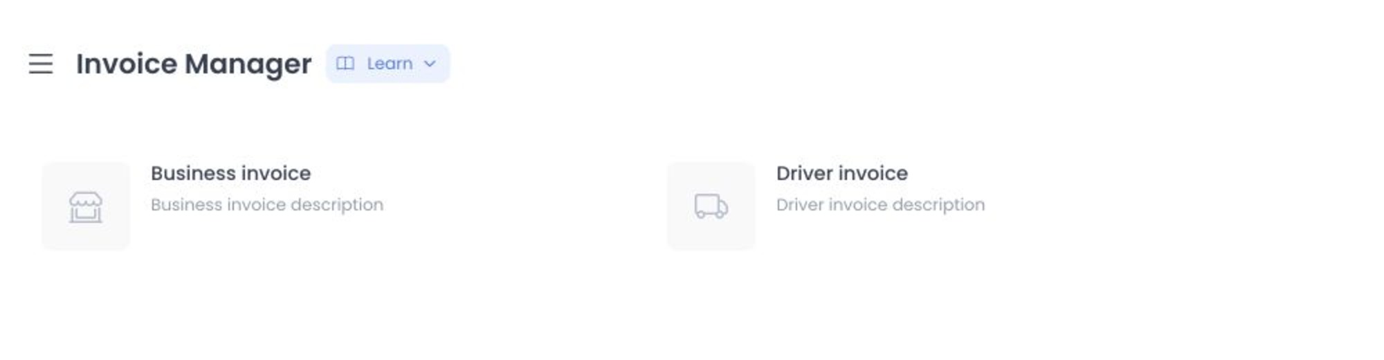 Invoice manager showing the Business invoice and Driver invoice options without invoice data