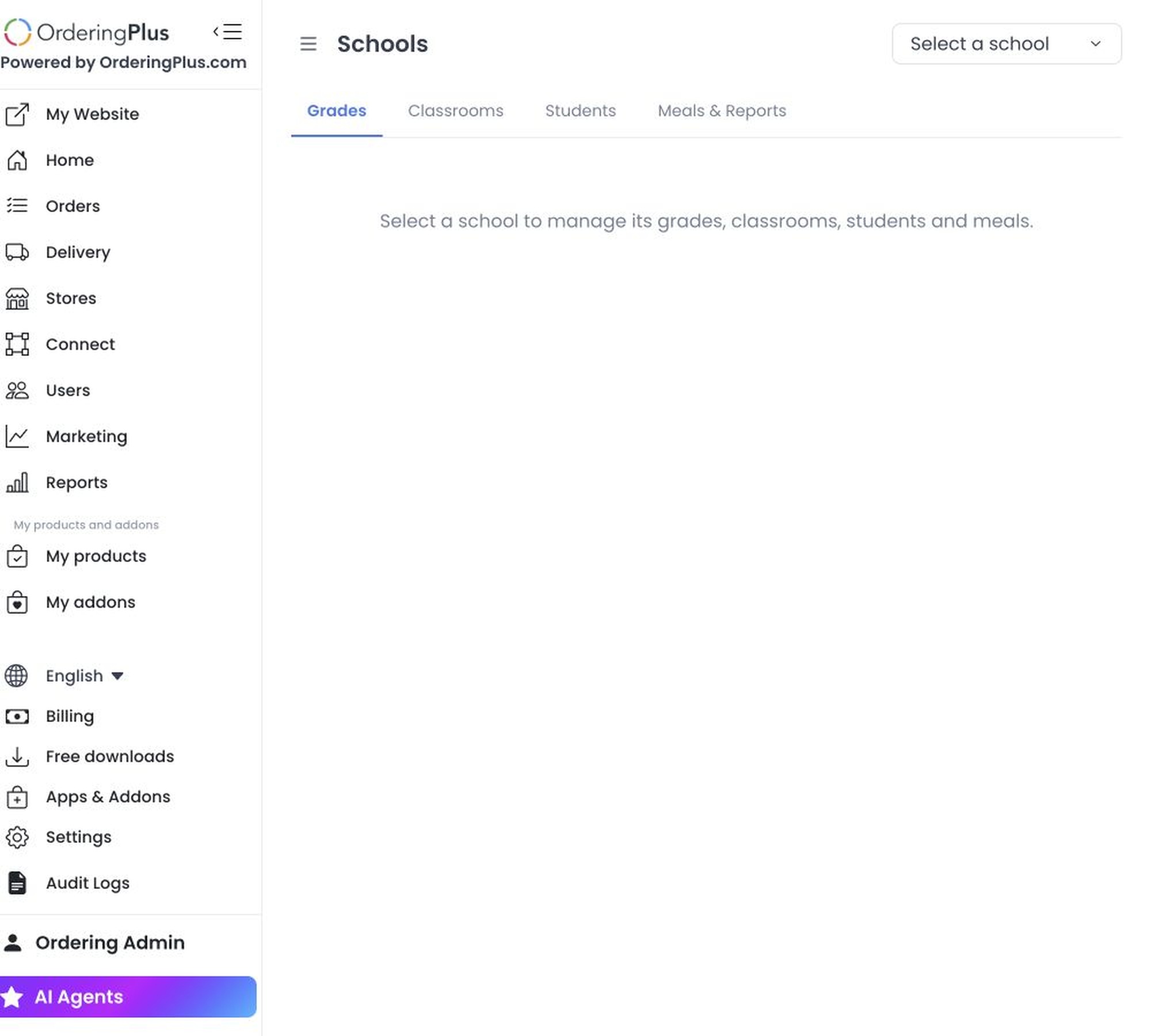 Schools workspace with no school selected and no student or meal data