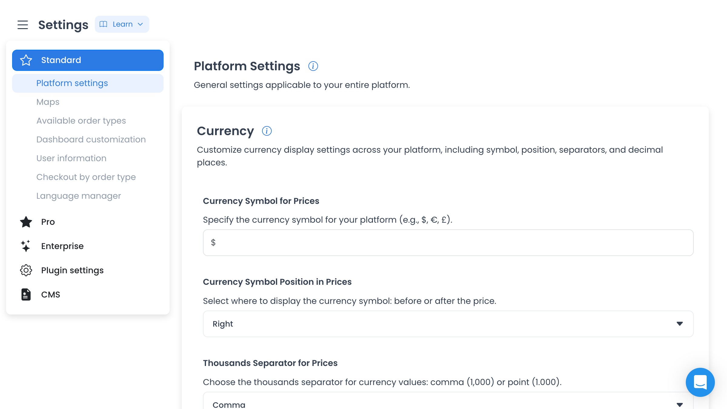 Settings navigation and configuration page in the Ordering Dashboard
