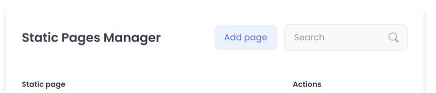 Static Pages Manager header, search, and column headings without page records