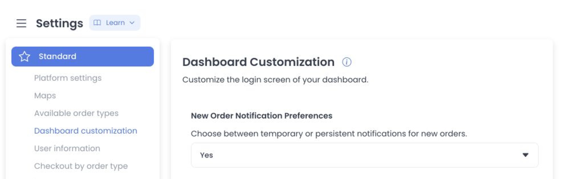 Dashboard Customization heading and New Order Notification Preferences control