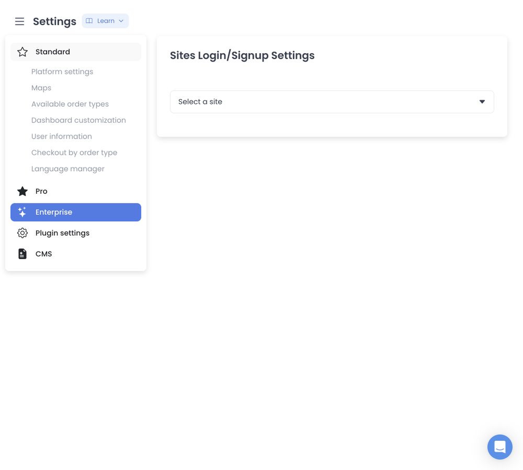 Channel-specific settings selector with no channel settings displayed