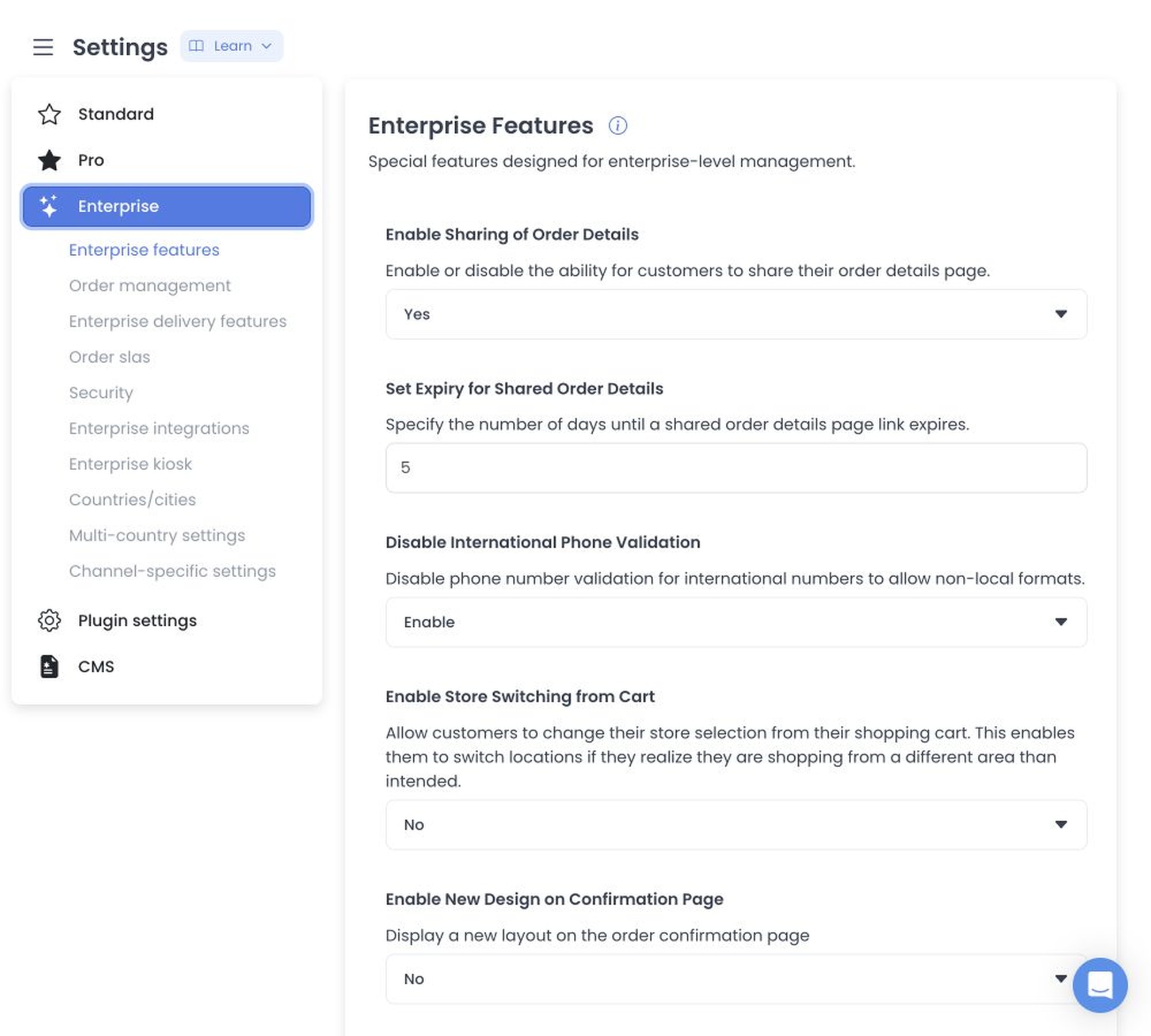 Historical Enterprise feature controls fixture without configuration values