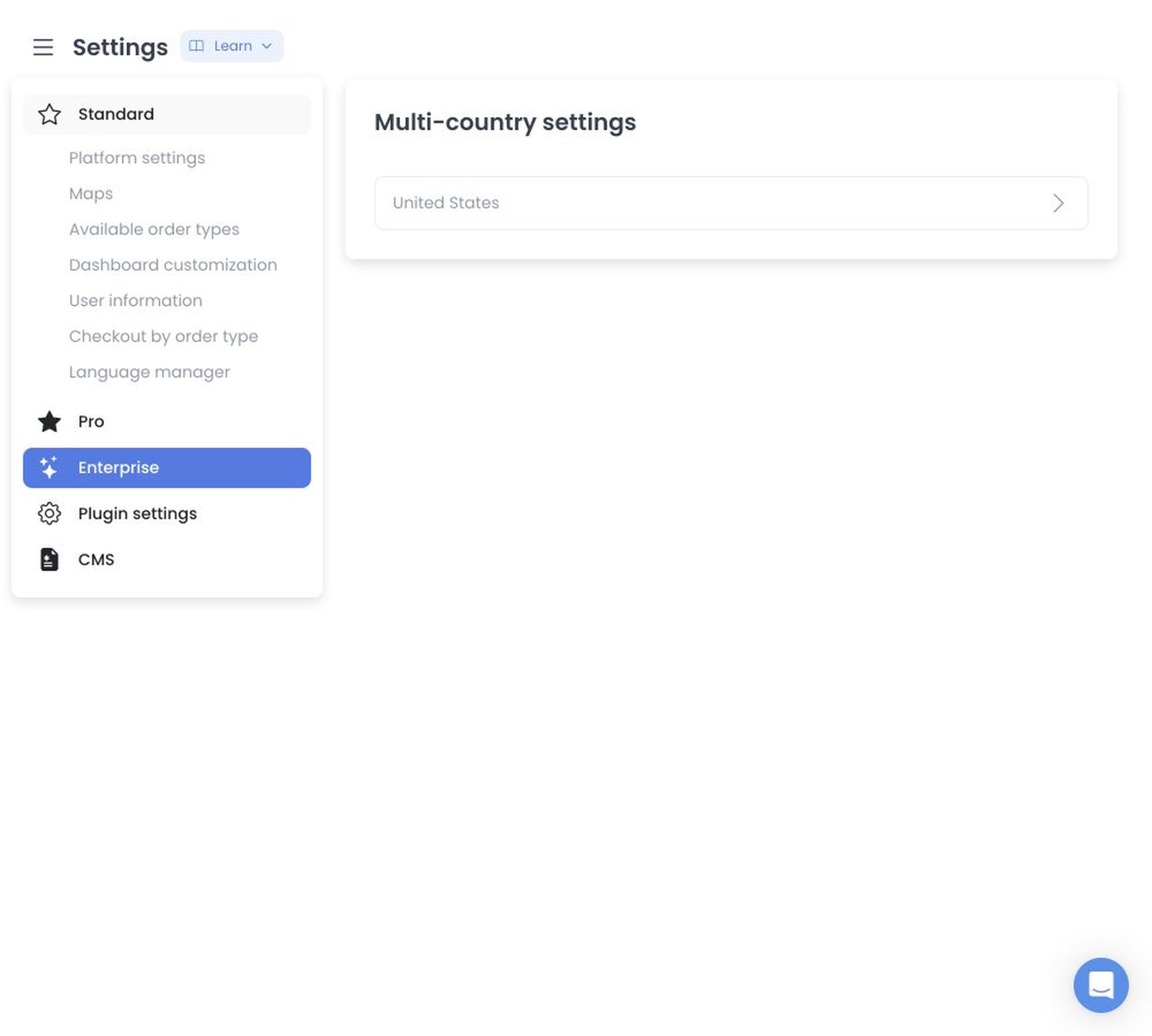 Multi-country settings country list with no country selected