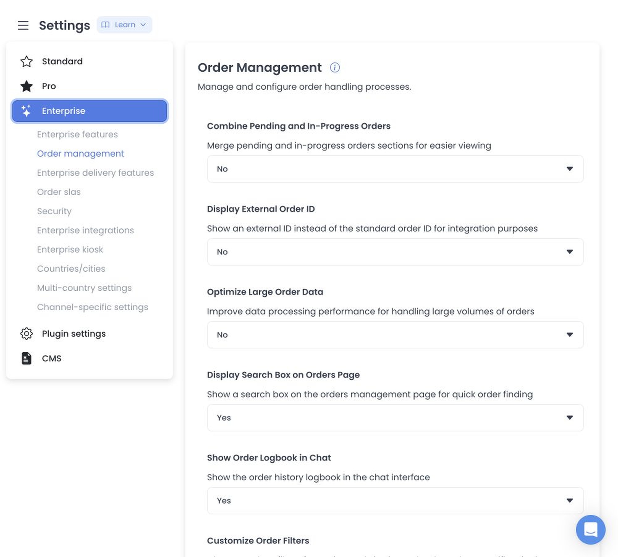 Order management settings controls without order or customer data