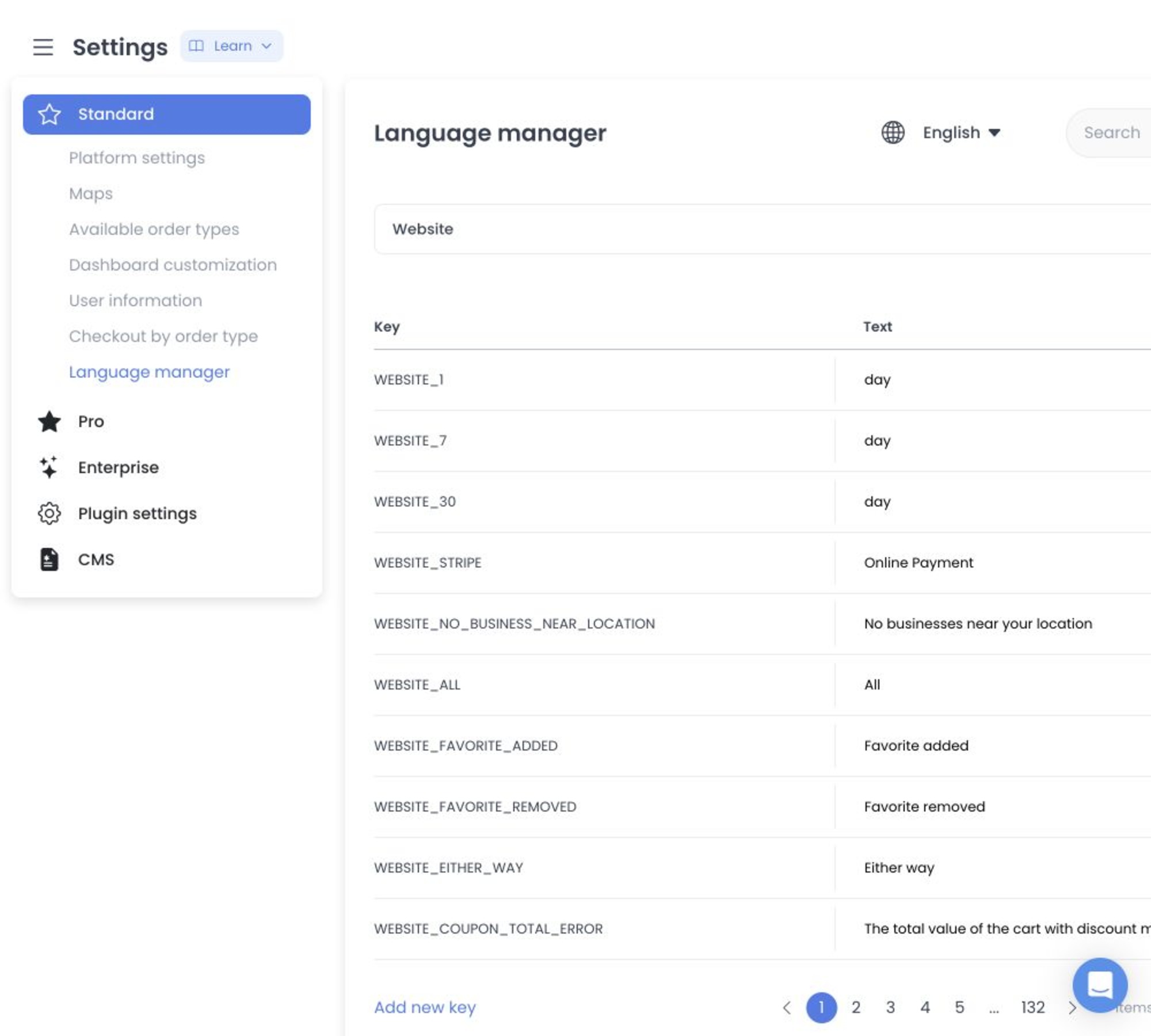 Language manager showing a product selector, language selector, search, and translation table