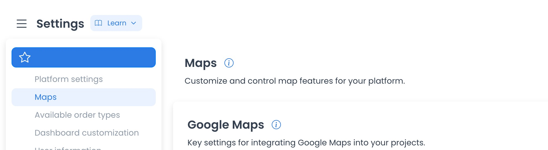 Página de ajustes Maps en Ordering Dashboard
