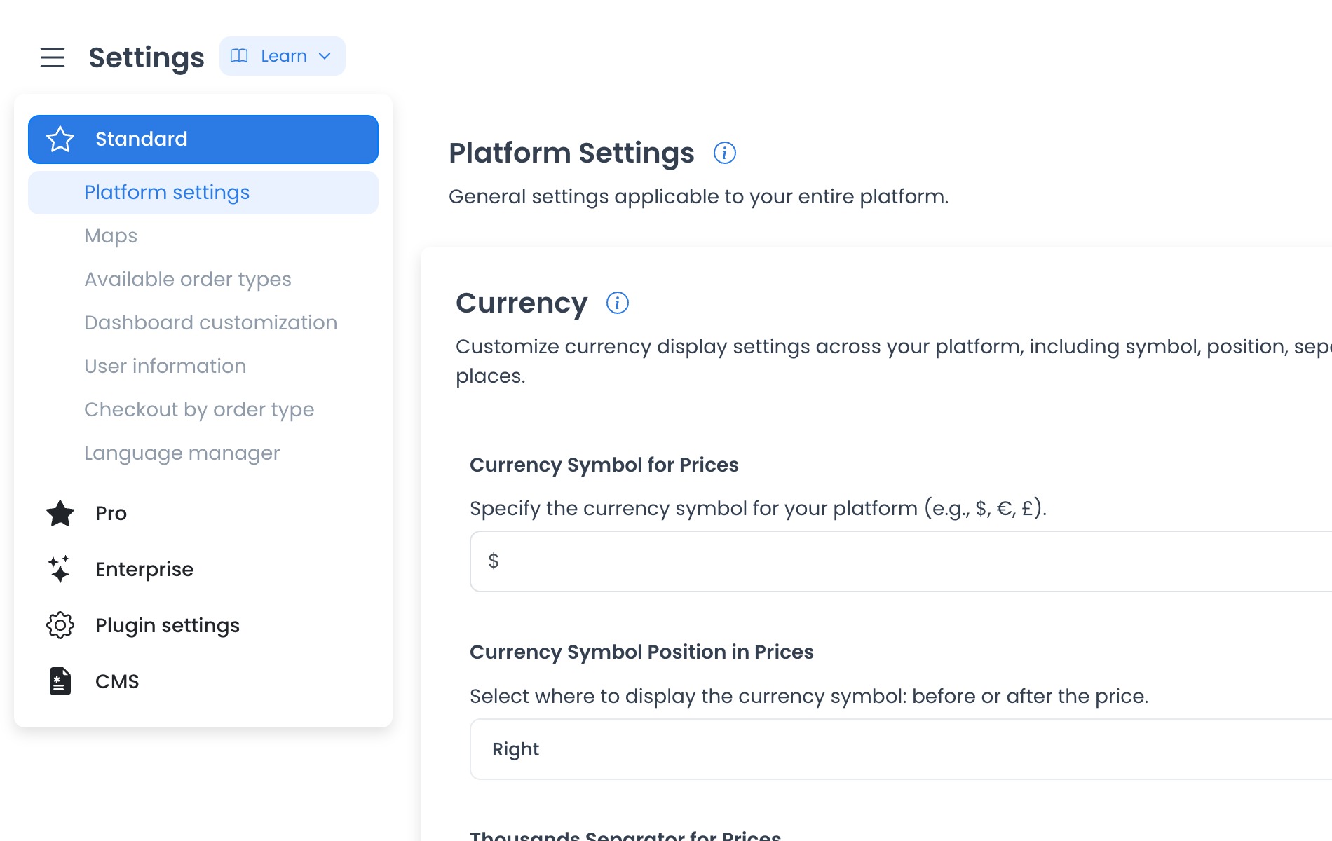 Platform settings page in the Ordering Dashboard