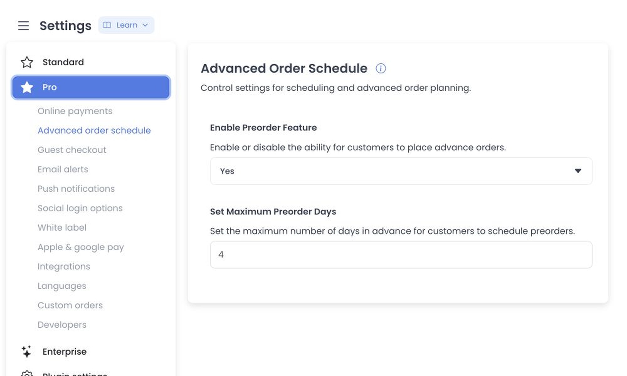 Advanced order schedule preorder toggle and maximum preorder days field
