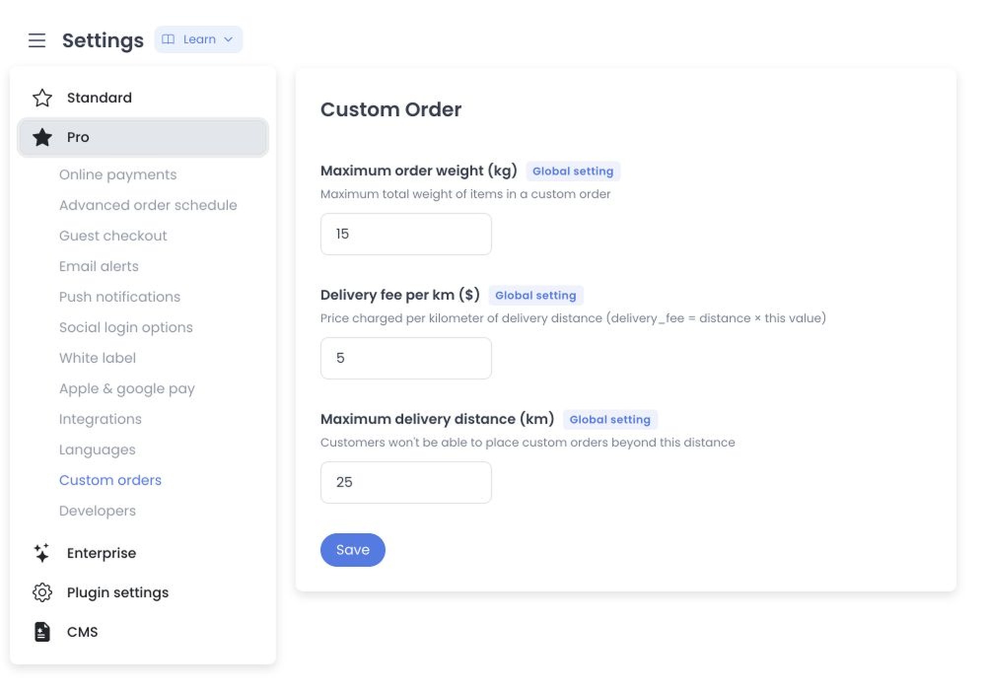 Custom Order settings with global numeric controls and Save button