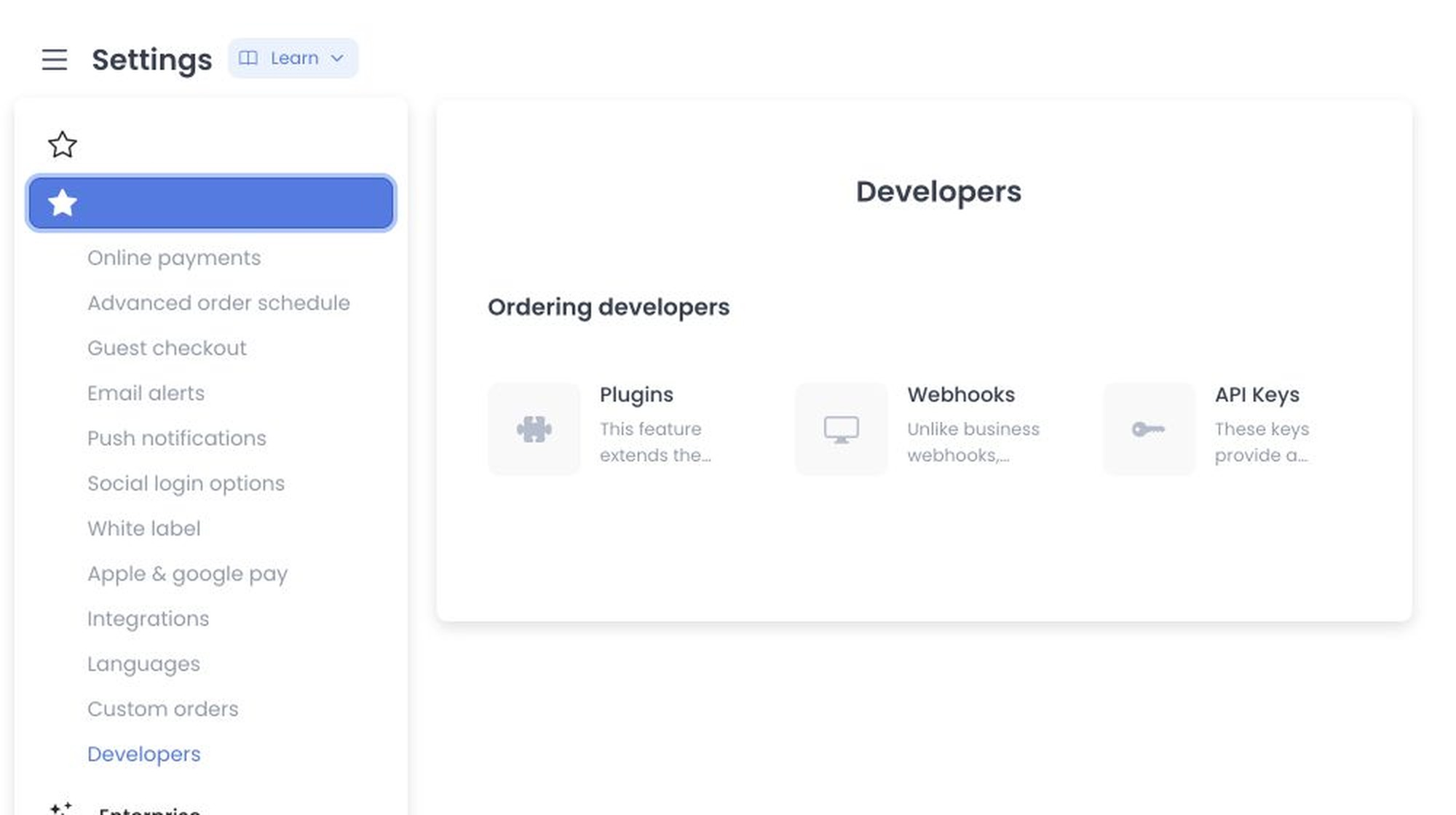 Descripción general de Developers con tarjetas Plugins, Webhooks y API Keys