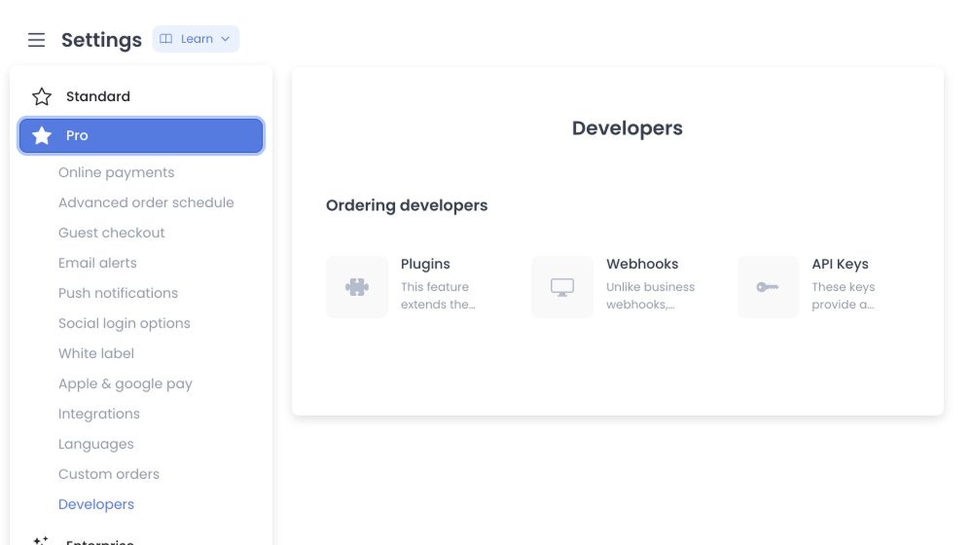 Developers overview with Plugins, Webhooks, and API Keys cards