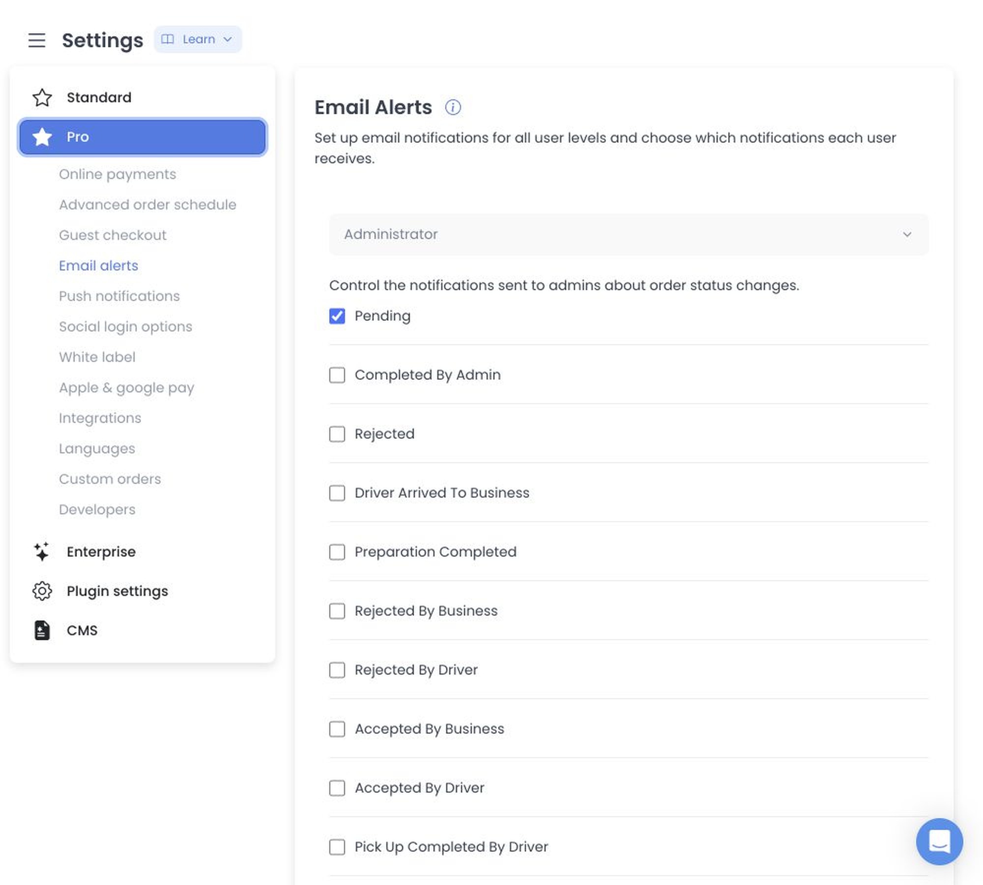 Email Alerts Administrator recipient group with runtime order-status checkboxes and no addresses or SMTP data