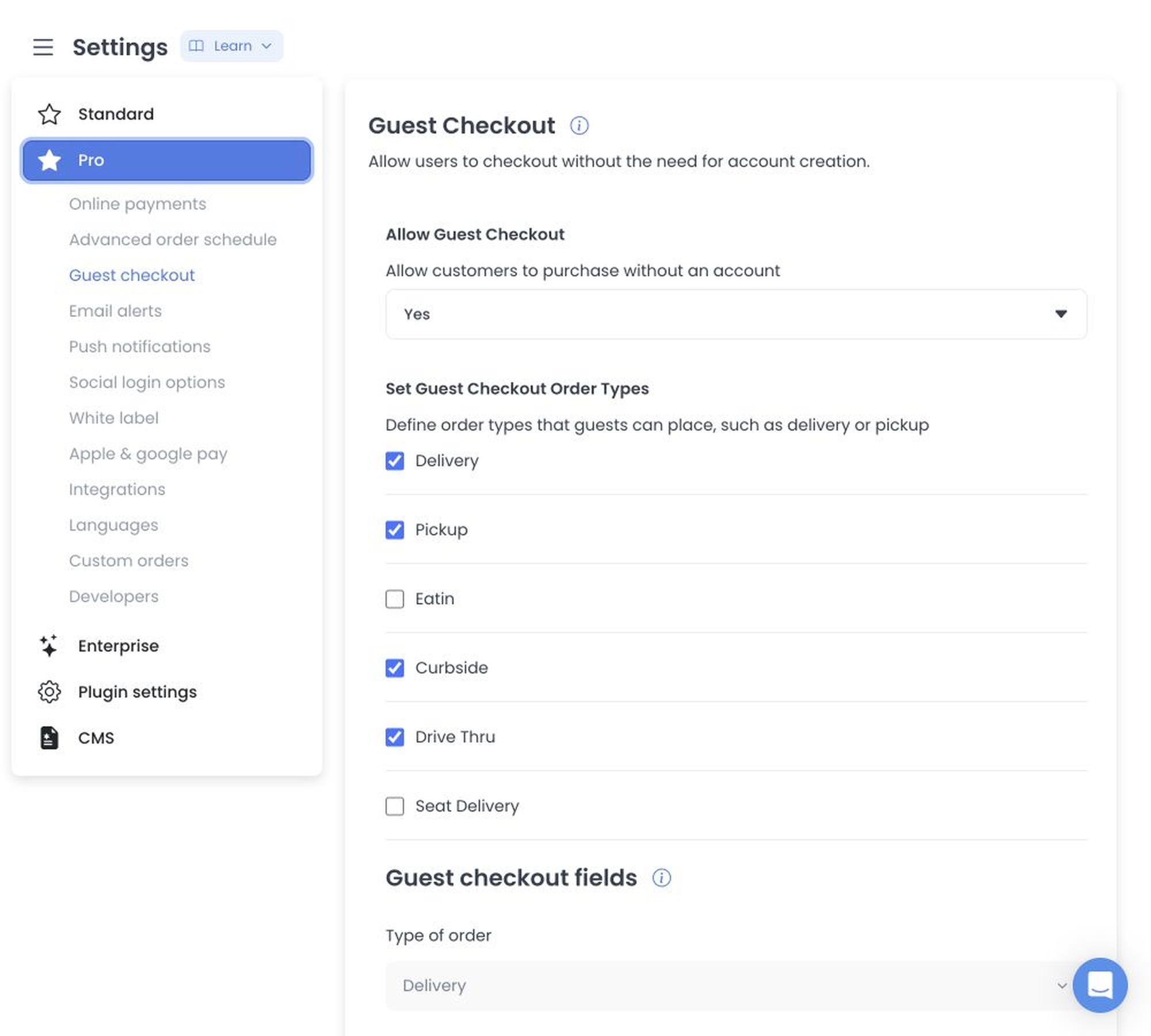 Guest checkout enablement, order-type eligibility, and fields-by-order-type controls
