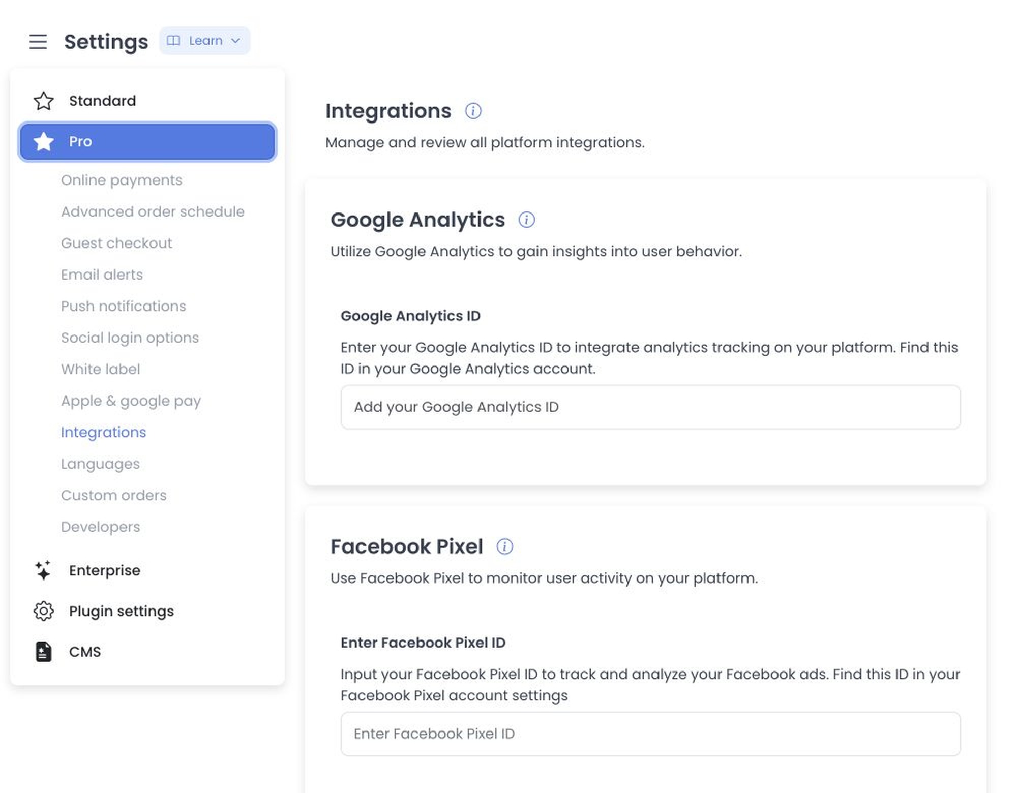 Integrations controls with tracking identifiers and Intercom API key excluded