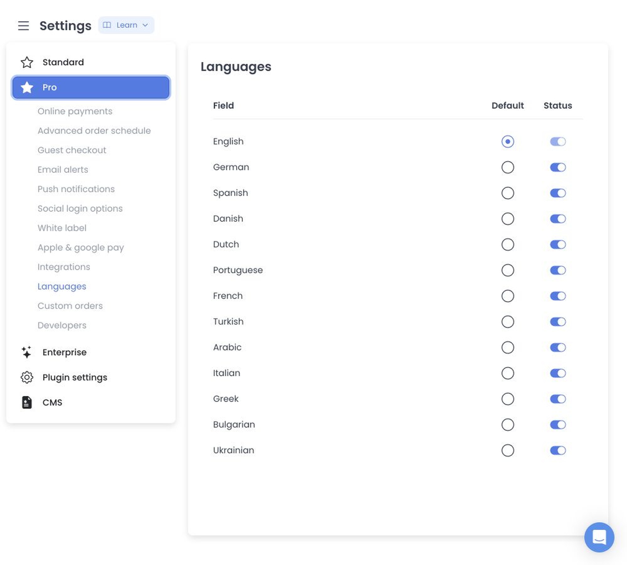 Languages settings with Field, Default, and Status controls