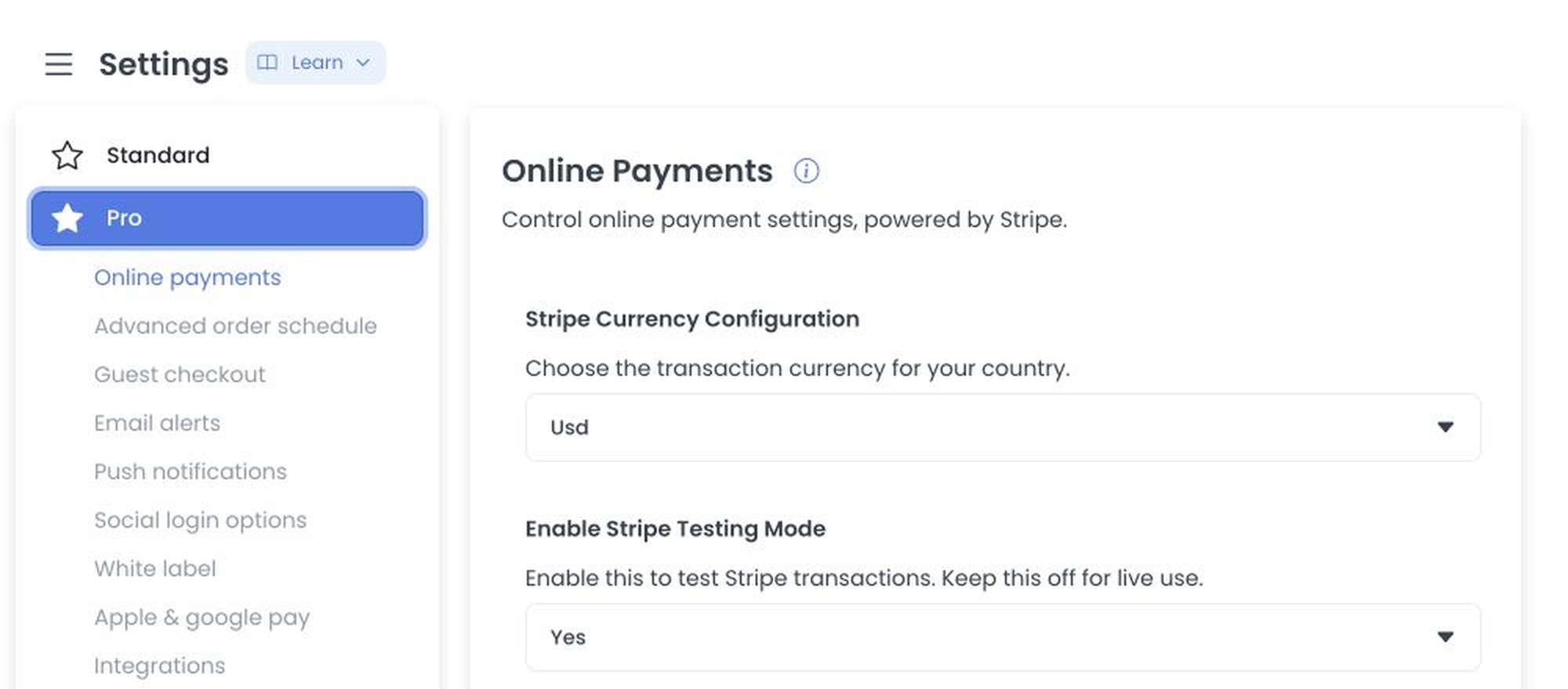 Online payments currency and Stripe testing-mode controls with all key fields excluded