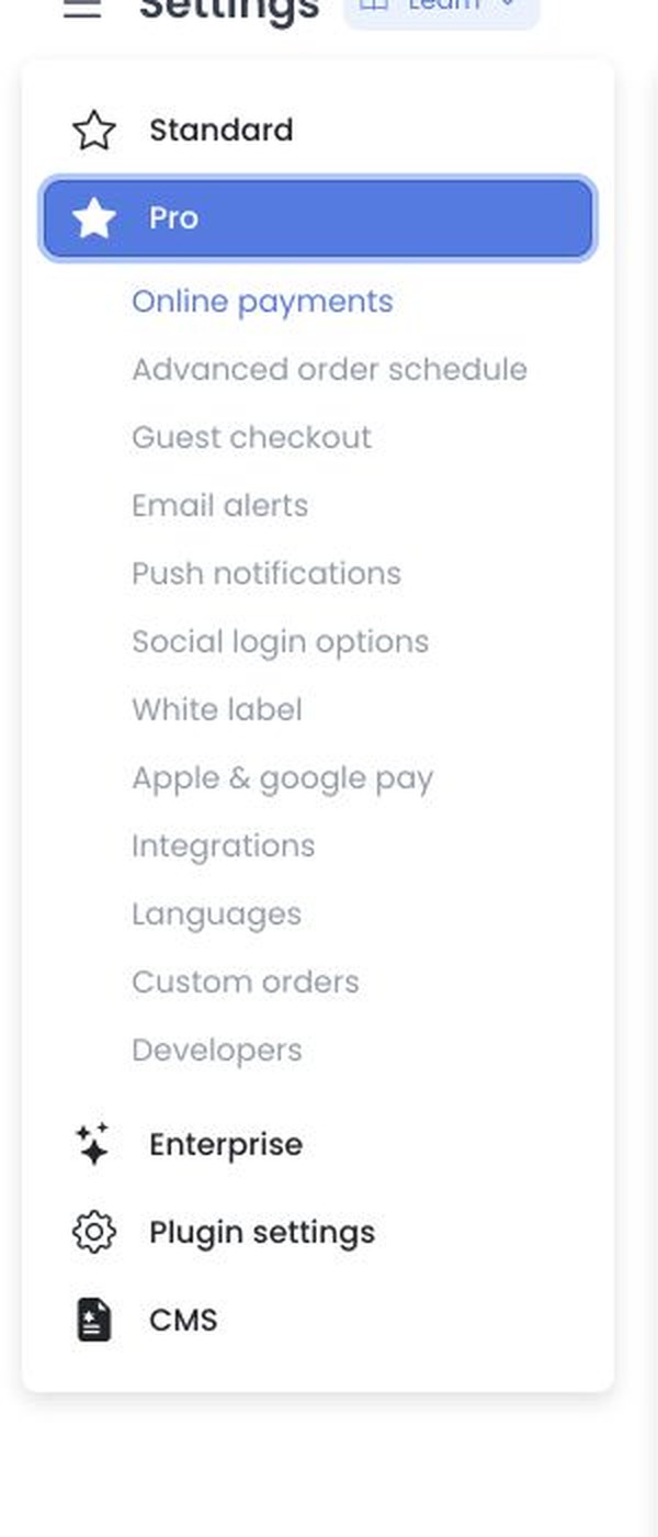 Pro settings navigation with its available categories and no configuration values