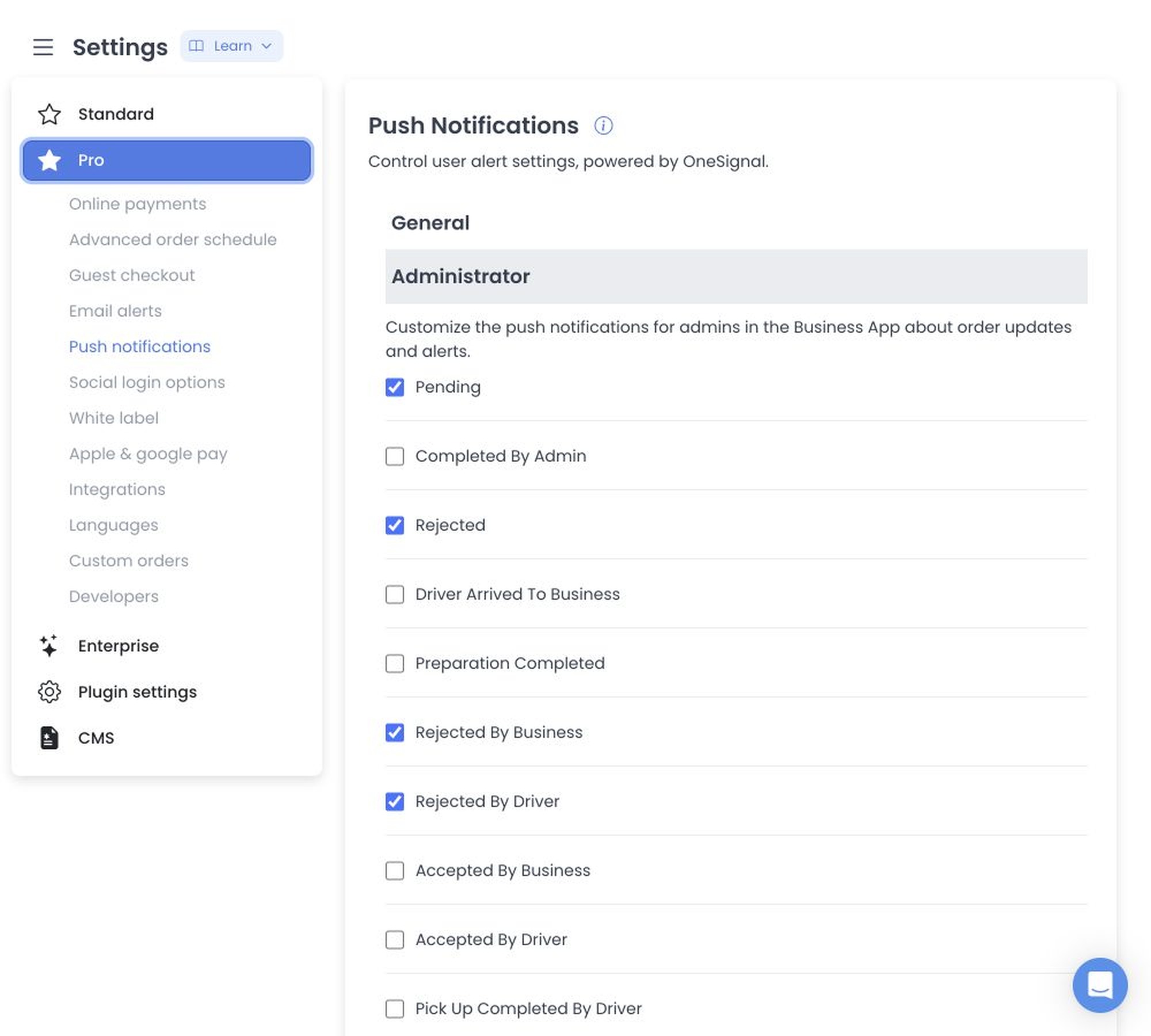 Push Notifications Administrator group with runtime order-status checkboxes and no provider credentials
