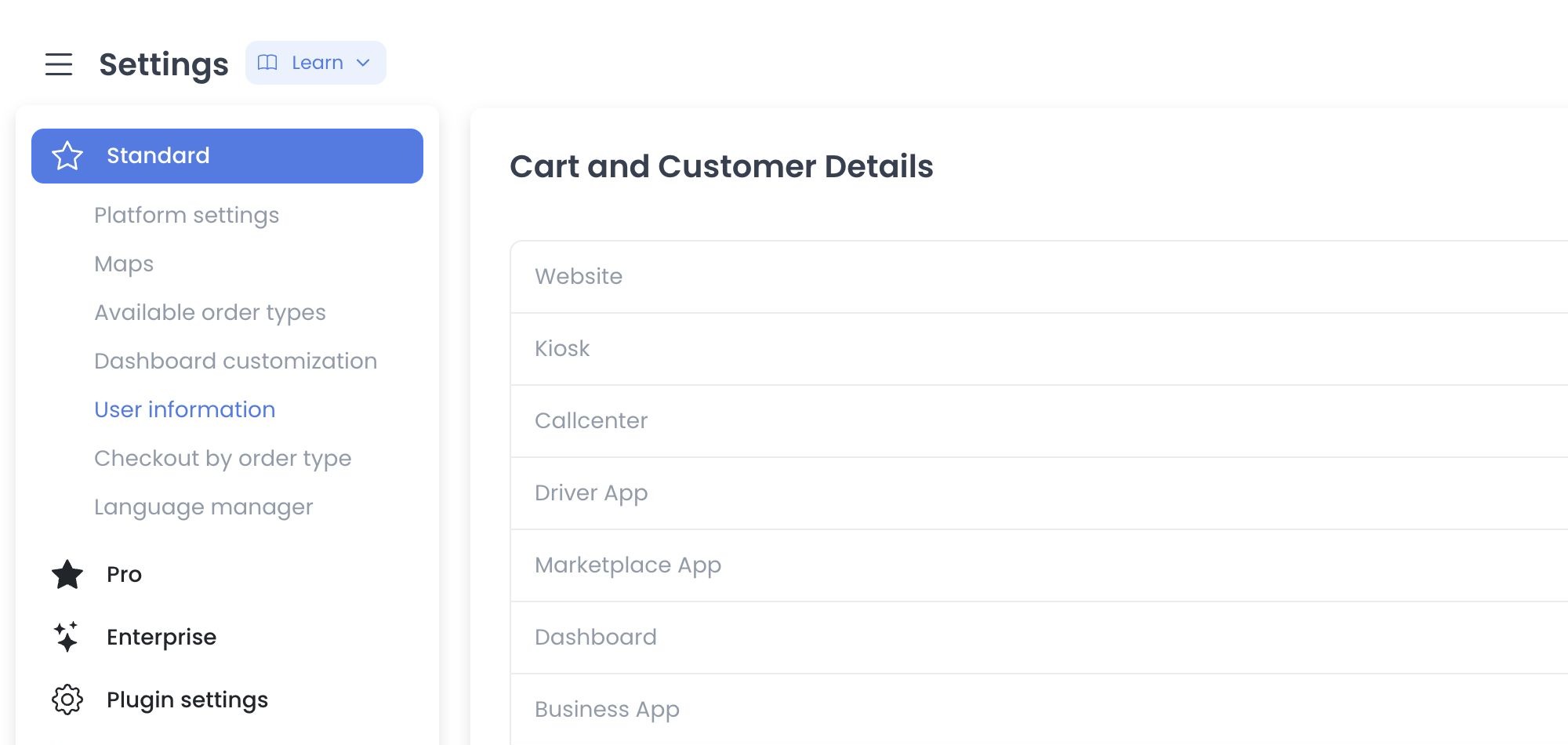 User Information in Standard settings showing site-specific customer field sections